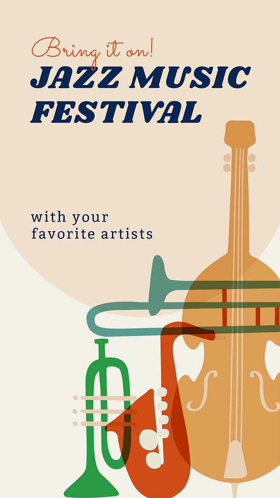 Jazz music festival story template, retro instrument design psd