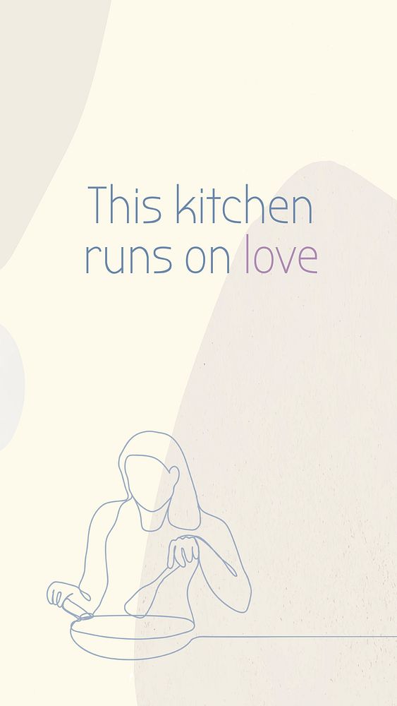 Cooking social media story template, this kitchen runs on love, typography graphic design, line art illustration psd