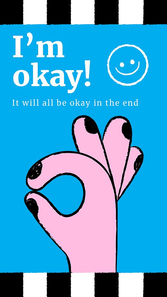 I&rsquo;m okay Instagram story template, hand gesture doodle psd