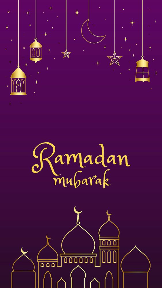 Golden Ramadan mobile template line art, aesthetic design on dark purple background psd