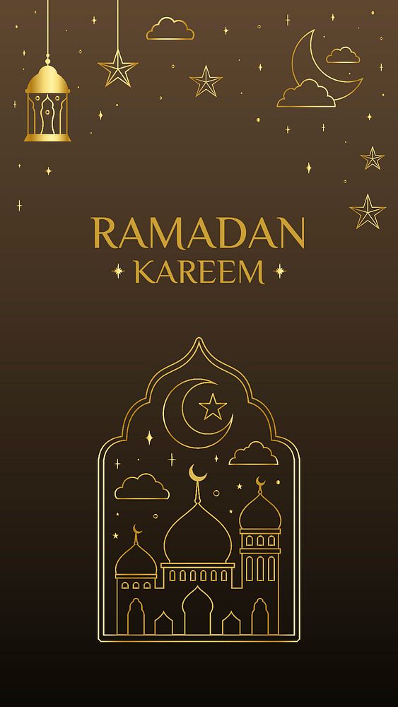 Golden Ramadan mobile template line art, aesthetic design on dark tone background psd