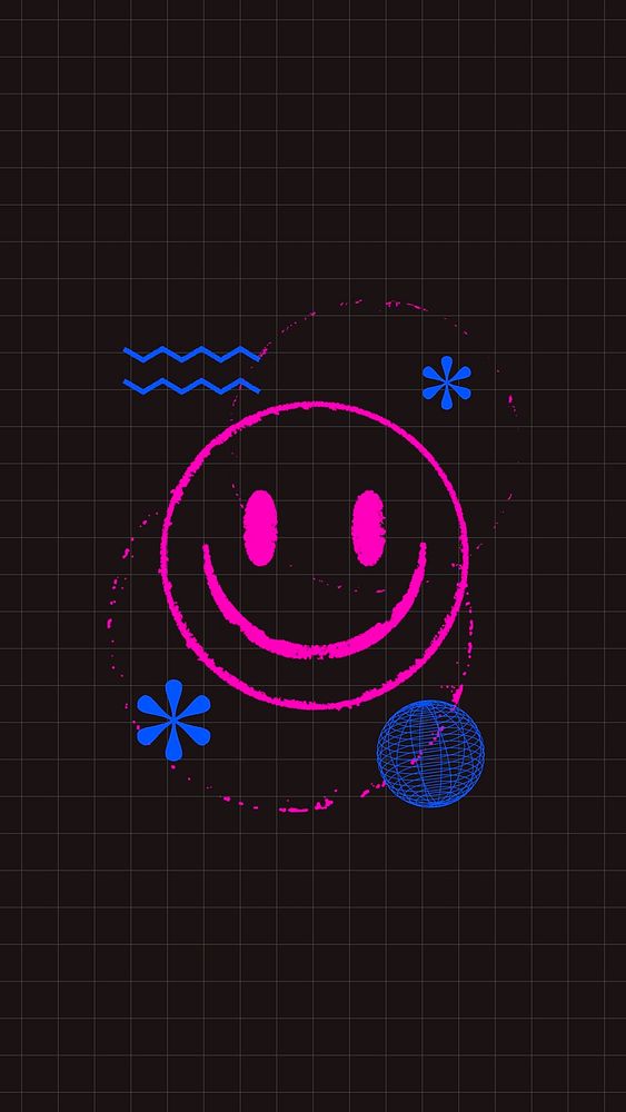 Smiley face mobile wallpaper, neon shapes on black background