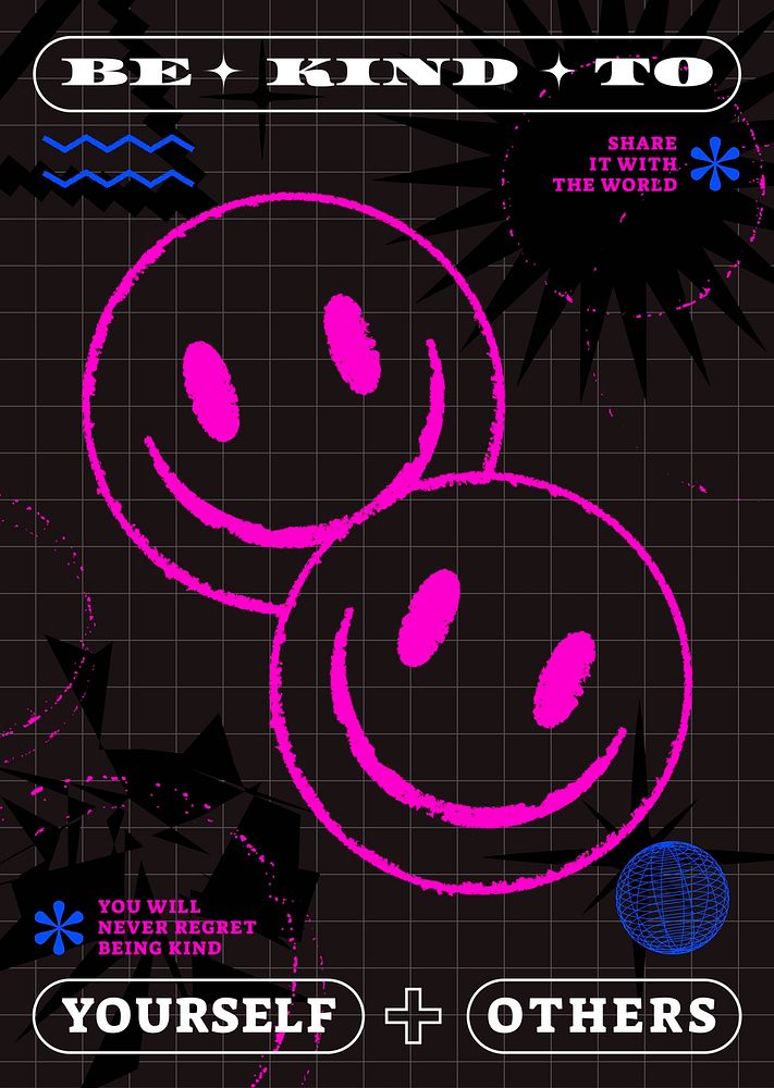Self-reminder poster template, smiley face neon style psd