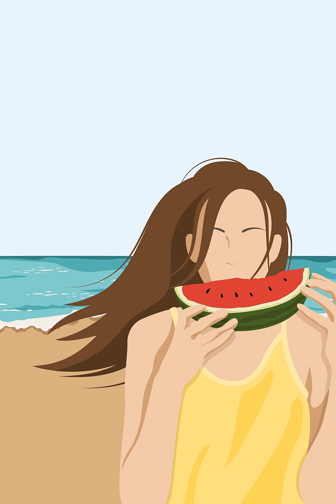 Woman eating watermelon, aesthetic illustration