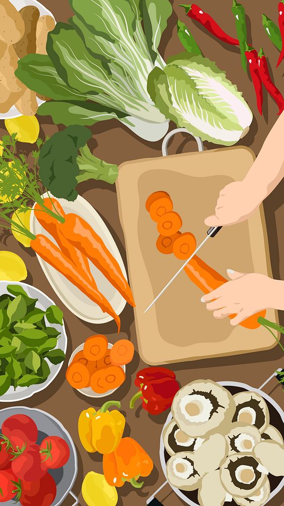 Fresh vegetables phone wallpaper, vegan cooking, aesthetic illustration