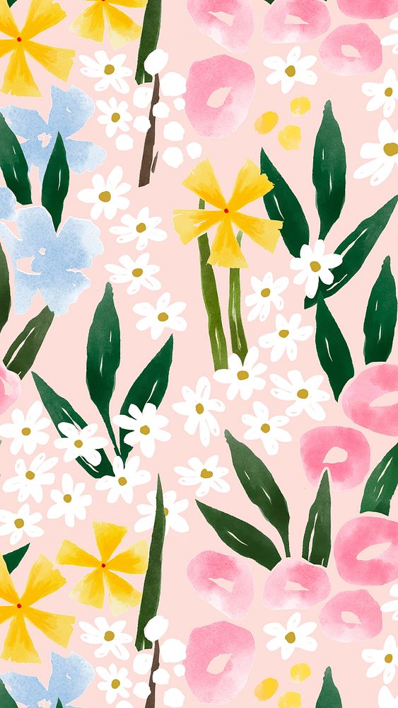 Cute flower pattern mobile wallpaper, watercolor design 