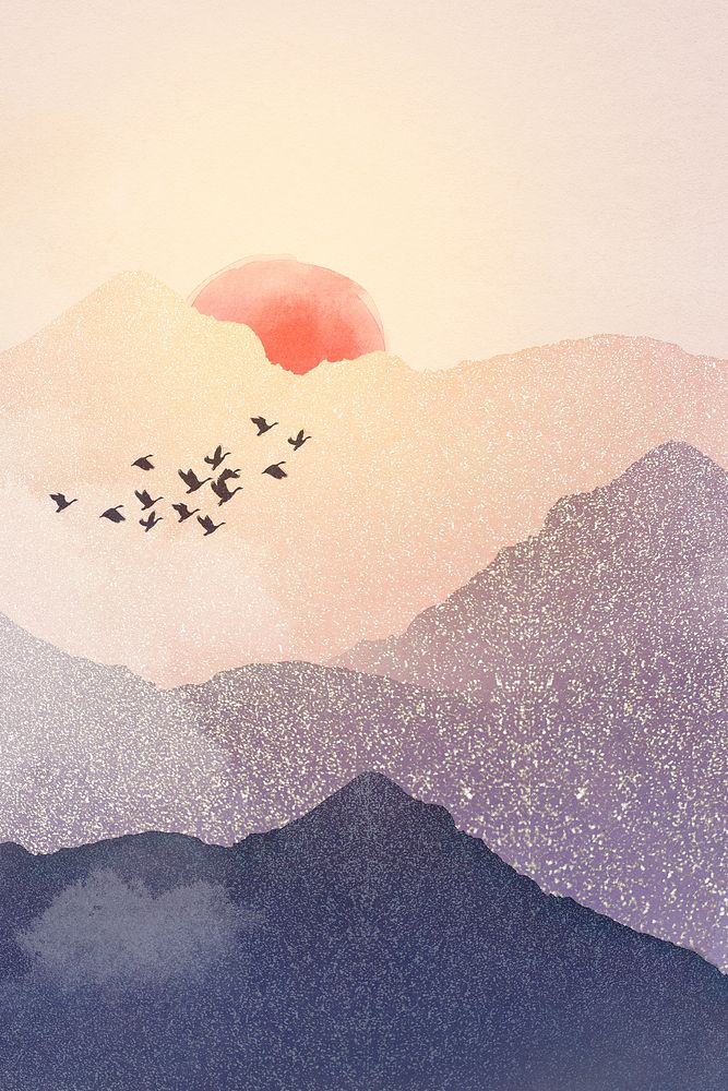 Landscape sunset background, mountain watercolor design psd