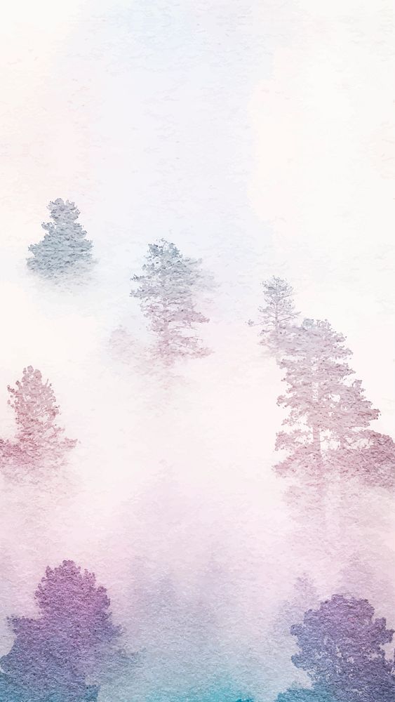 Purple forest mobile wallpaper, foggy nature watercolor HD background vector