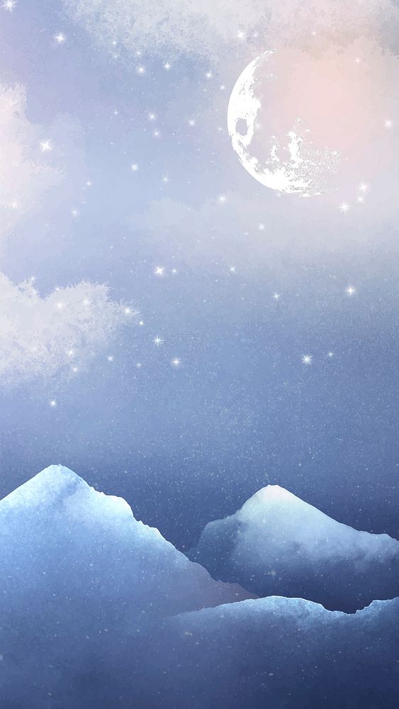 Winter full moon mobile wallpaper, blue watercolor sky background vector