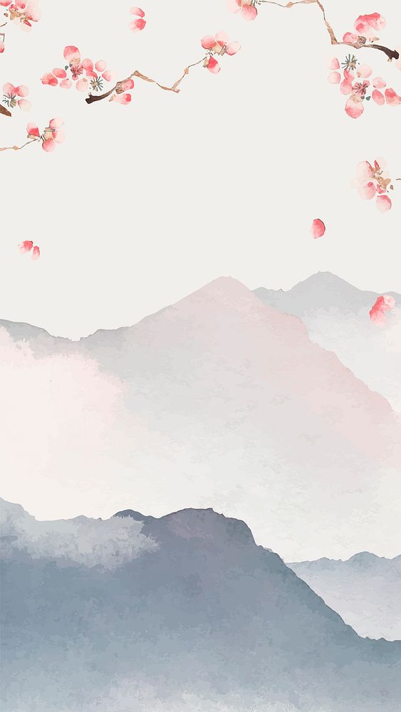 Japanese floral mobile wallpaper, watercolor mountain landscape background vector