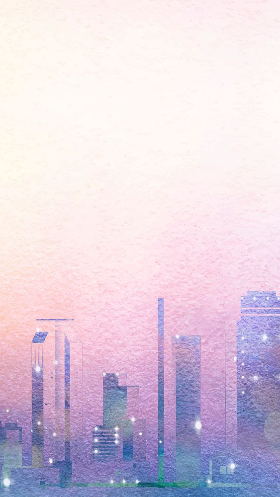 Purple skyline mobile wallpaper, watercolor city HD background vector