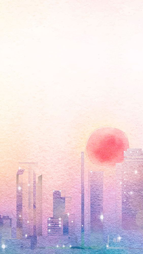 City sunset phone wallpaper, watercolor aesthetic background vector