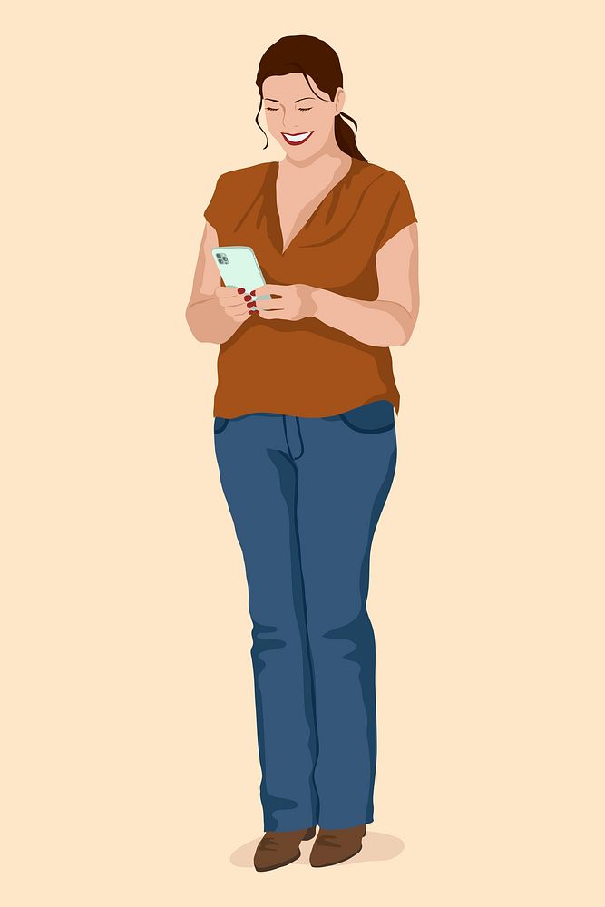 Woman using phone clipart, aesthetic illustration