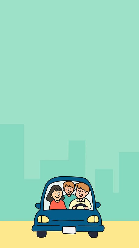 Family trip iPhone wallpaper, green background, cartoon illustration