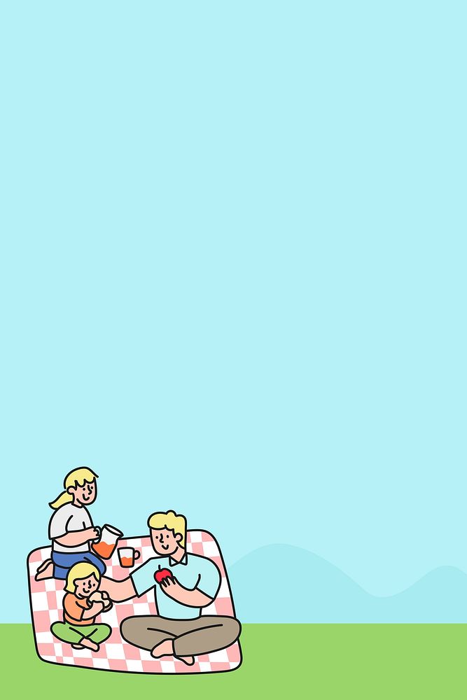 Cute blue background, family picnic illustration