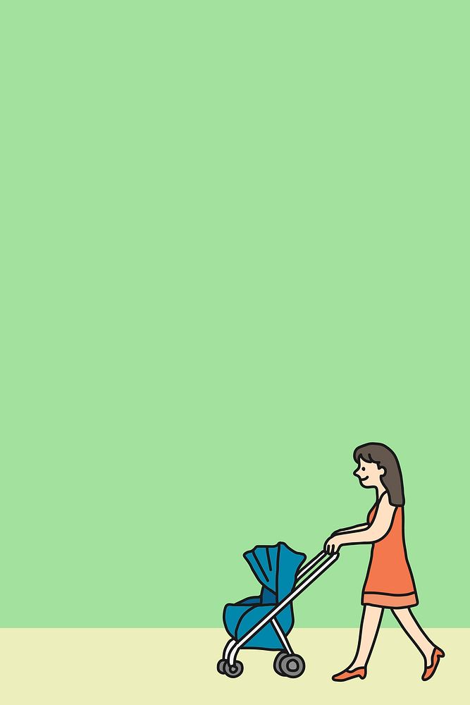 Green background, mother and stroller illustration