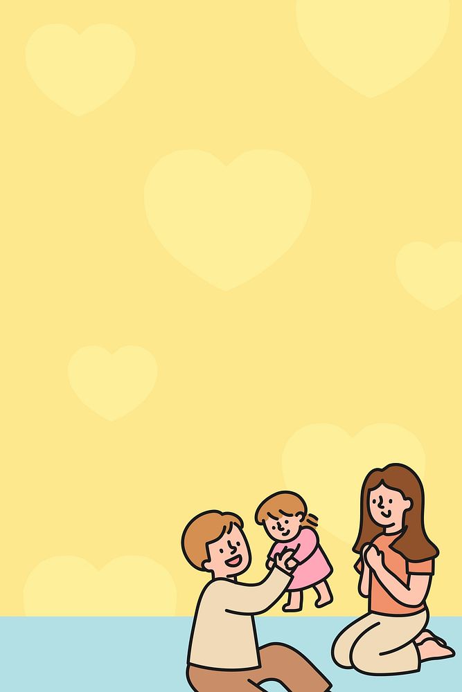 Yellow background, happy family cartoon illustration