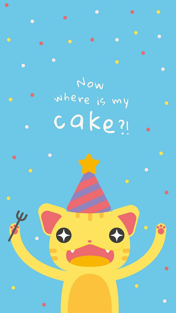 Kid's birthday greeting template psd with cute hungry cat cartoon