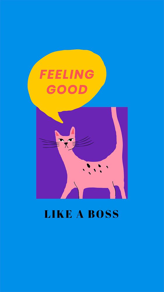 Feeling good phrase psd template with cute cat vintage illustration