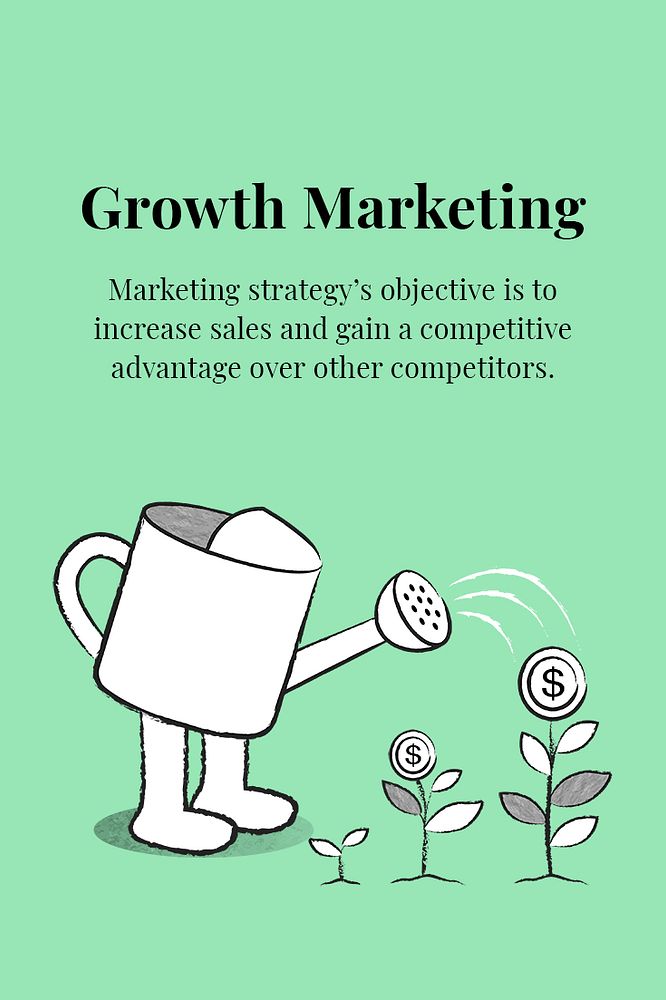 Growth marketing editable template psd with watering can doodle business illustration