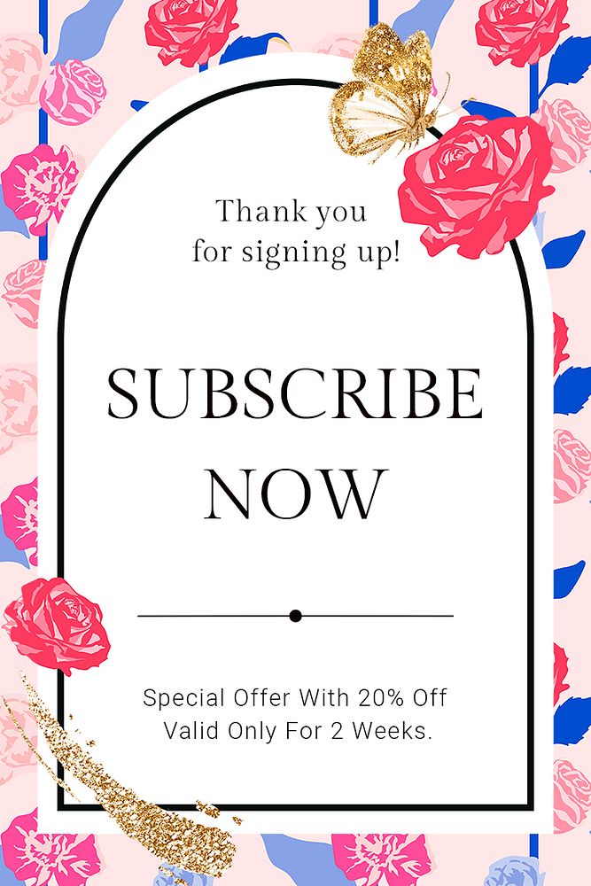 Feminine floral subscribe template psd with colorful roses fashion ad banner
