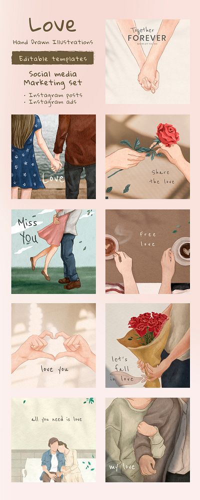 Valentine&rsquo;s day illustration templates psd for marketing social media post set