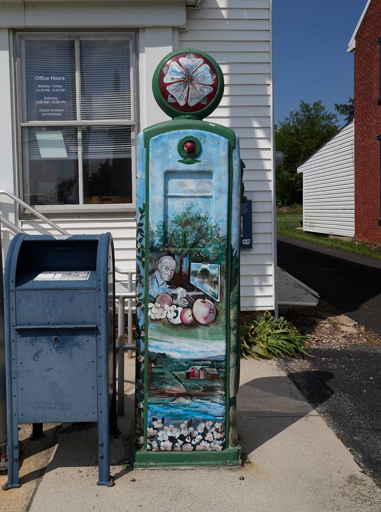 An old gasoline pump, later repainted as an art piece along old U.S. 30, known as the Lincoln Highway in McKnightsville…