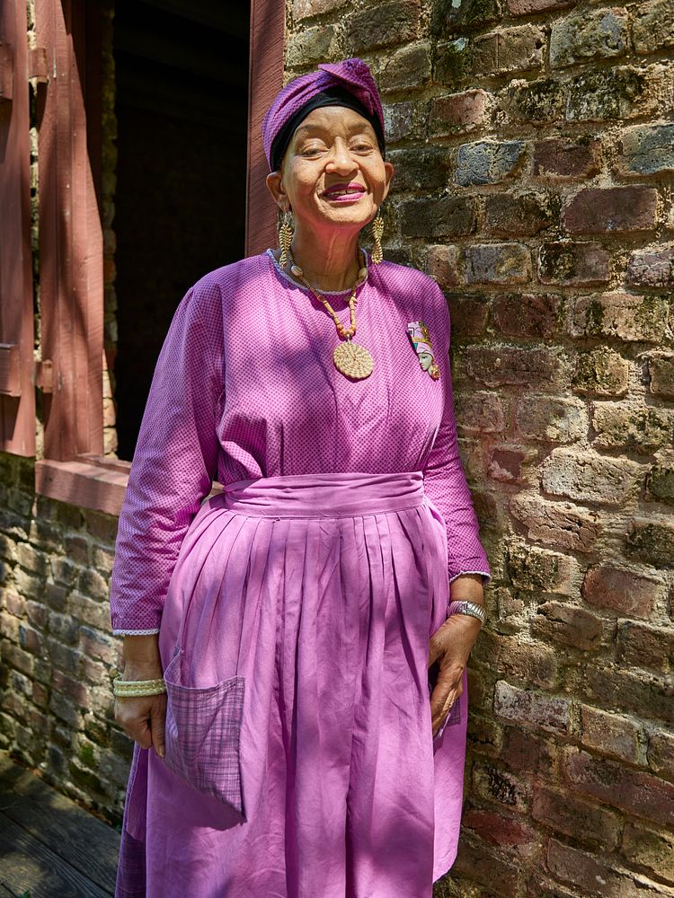 Historic reenactor Gloria Barr Ford, who delivers historic monologues outside the old slave (later sharecropper) cabins…