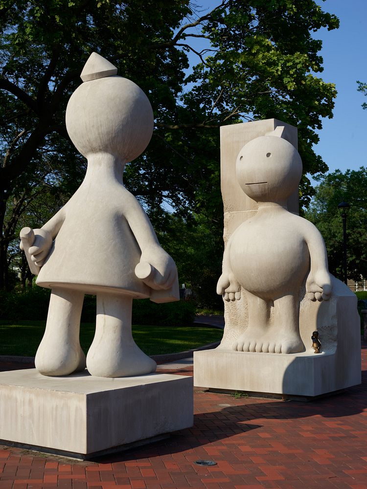 The principal figures in artist Tom Otterness's 2012 "Creation Myth" installation outside the Memorial Art Gallery in…