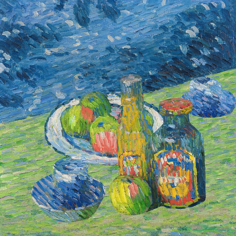 Still Life with Bottles and Fruit, vintage painting by Alexej von Jawlensky. Digitally enhanced by rawpixel.