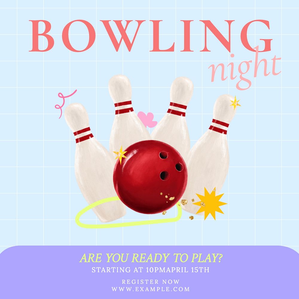 Bowling night Instagram post template, editable text