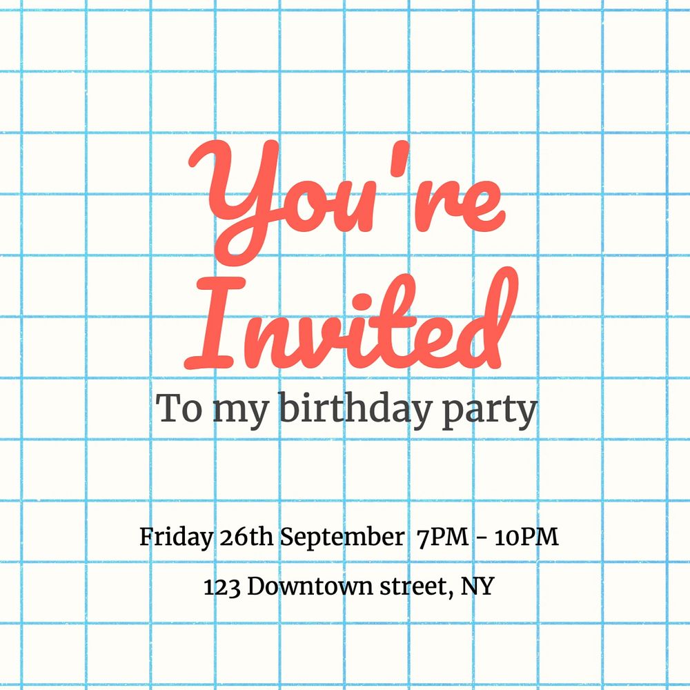 Birthday party invitation Instagram post template, editable text