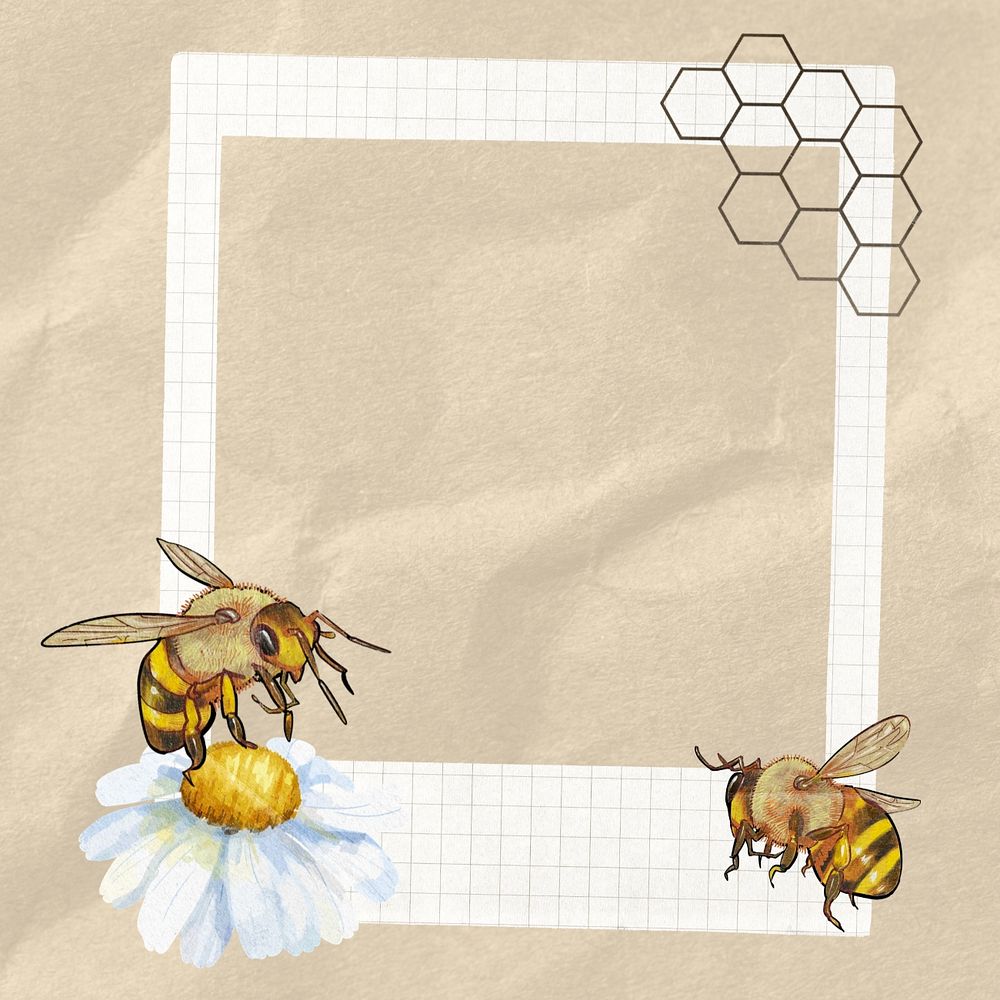 Bees and flower instant film frame, creative remix, editable design