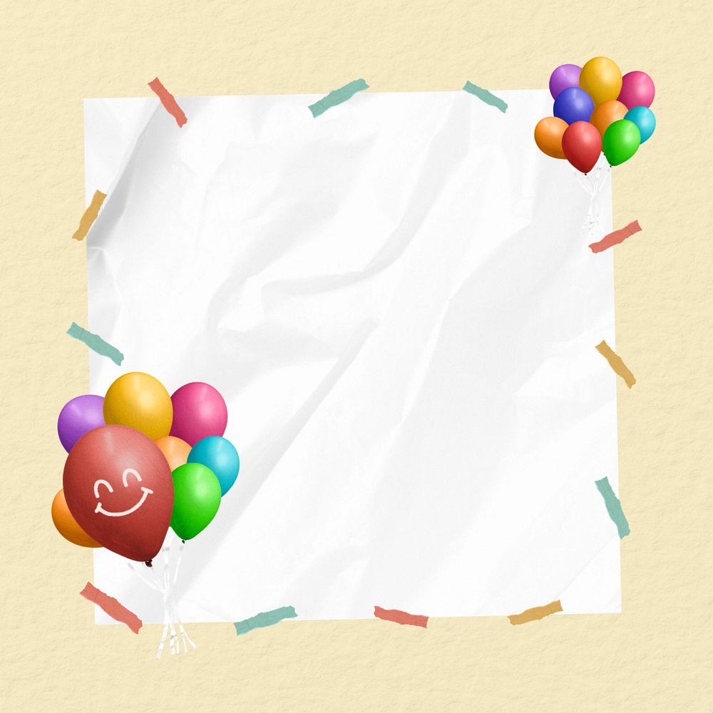 Colorful party balloons, note paper remix, editable design