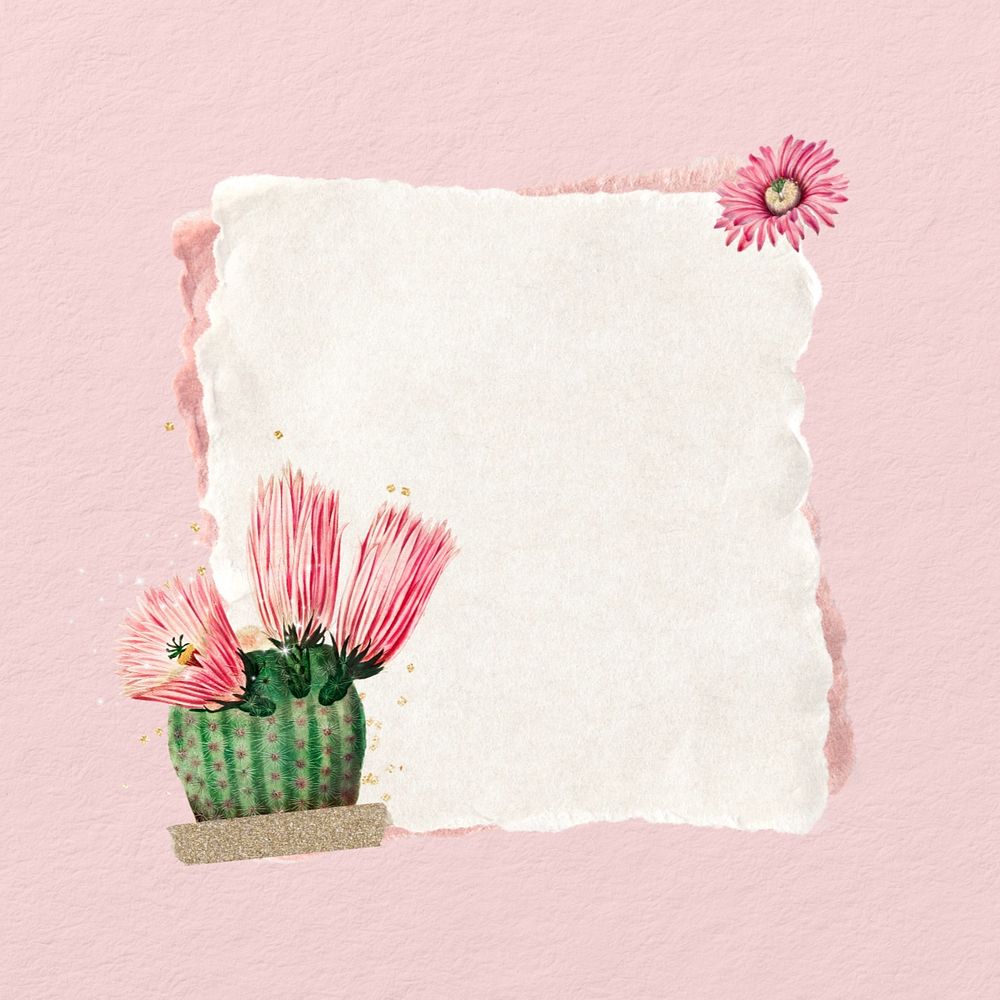 Pink cactus flower, note paper remix, editable design