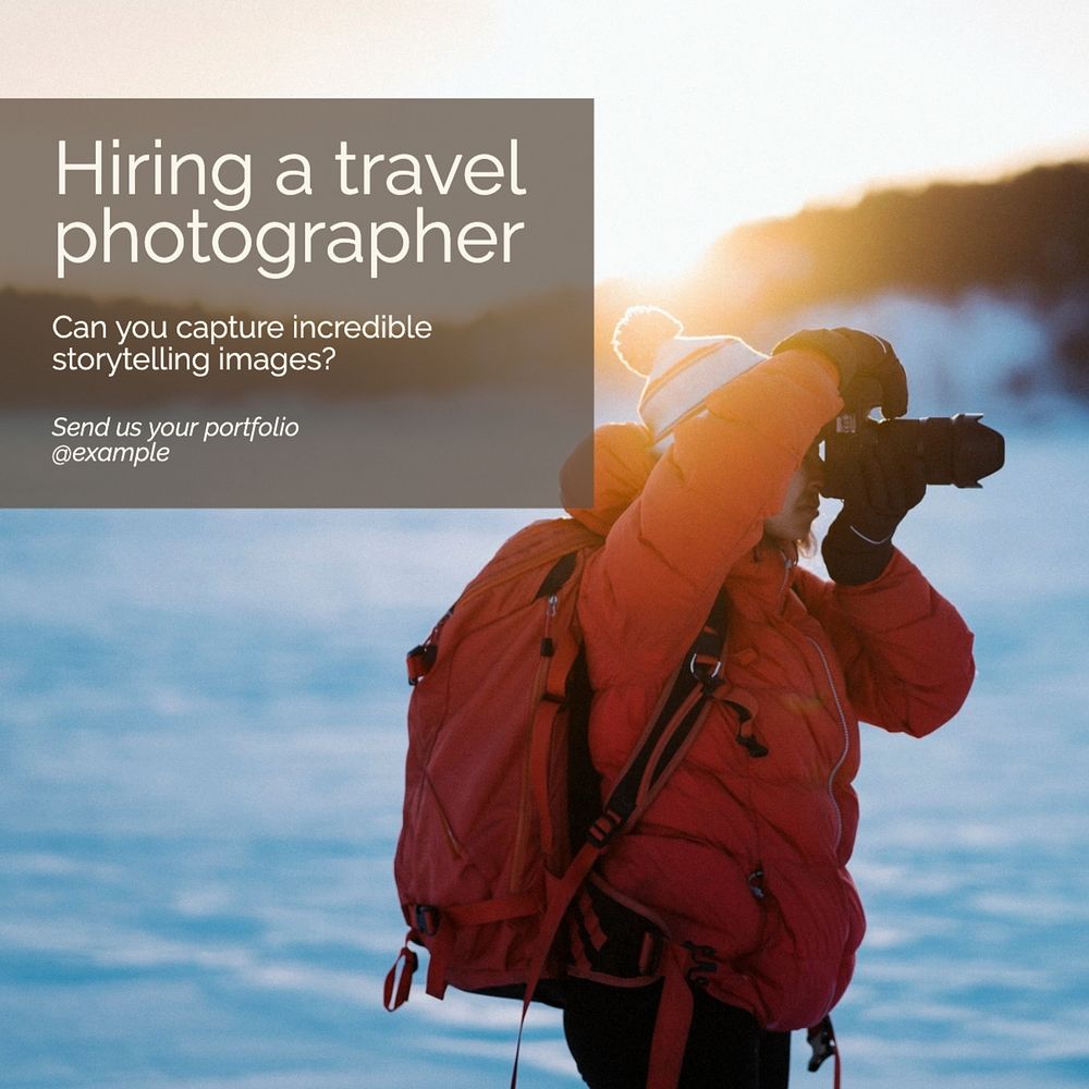 Hiring travel photographer Instagram post template, editable text