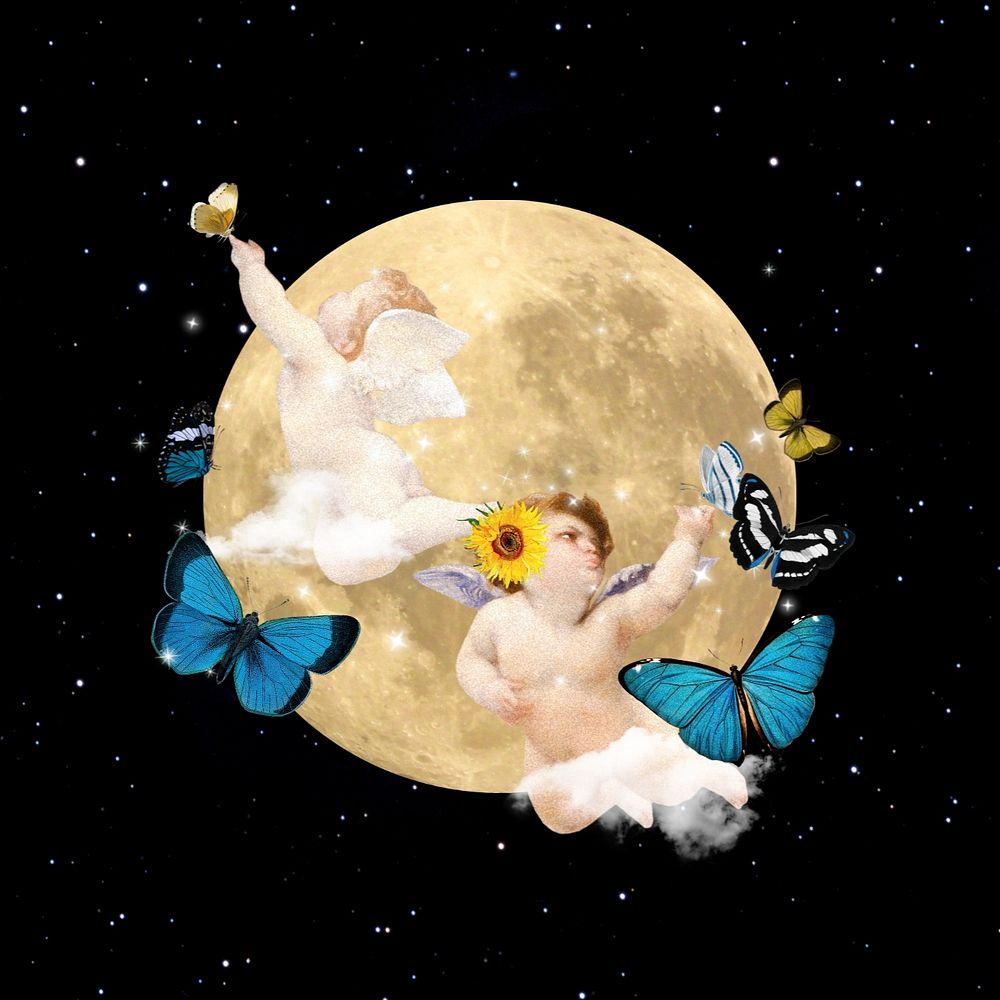 Vintage cherubs dreamy moon collage remix editable design