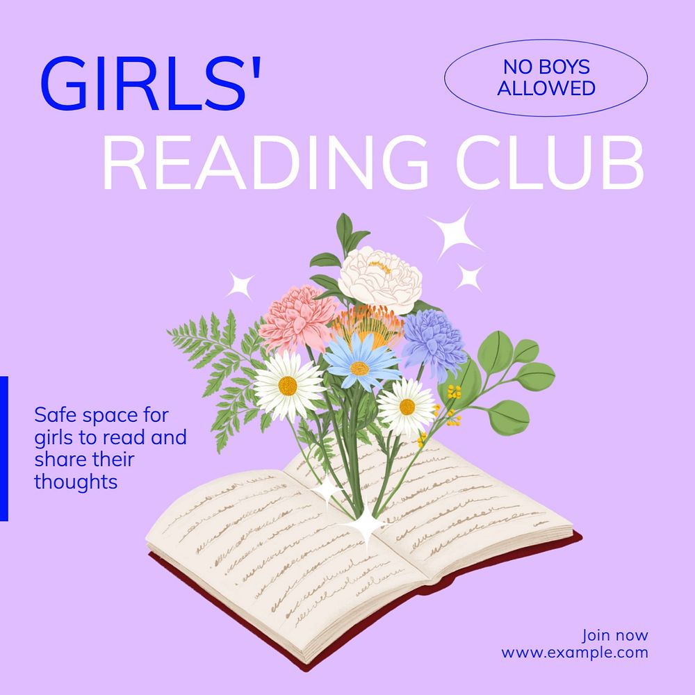 Girls' reading club Facebook post template, editable design