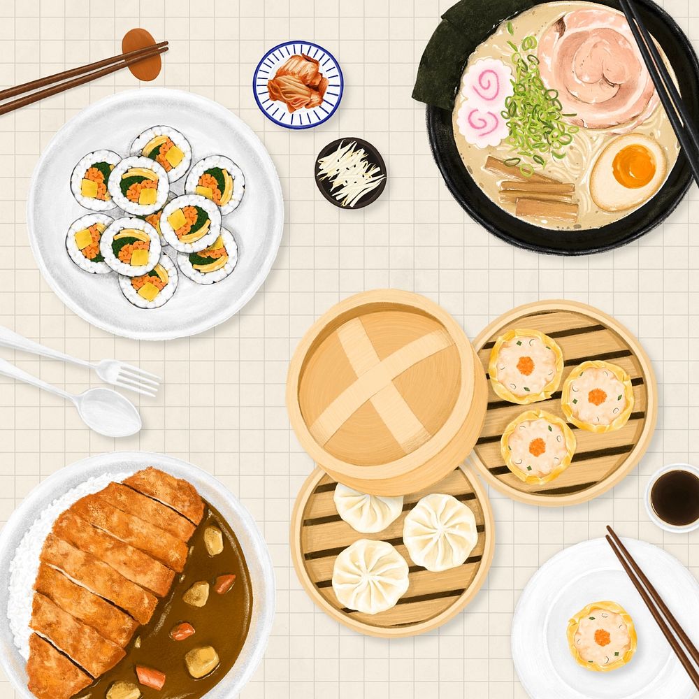 Asian cuisine background, food illustration, editable design