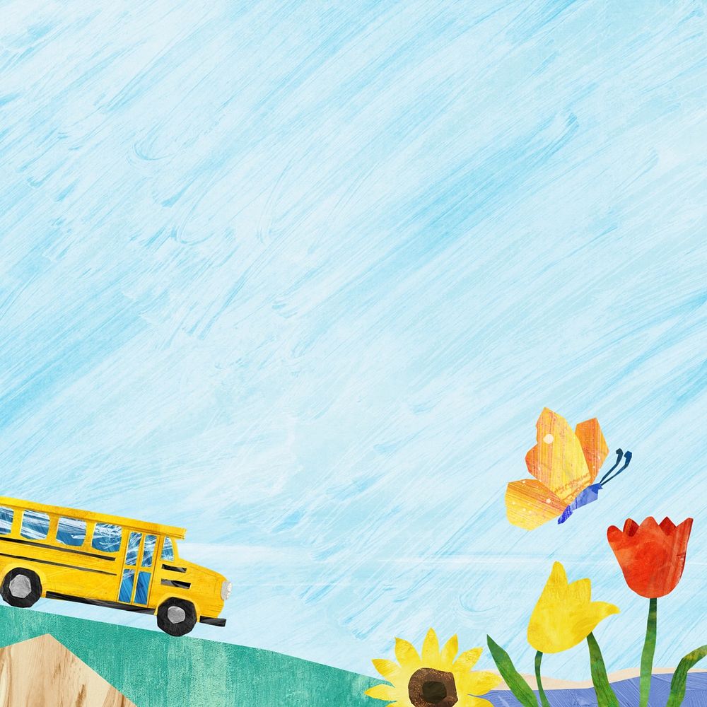 School bus landscape background, cute paper craft design, editable design