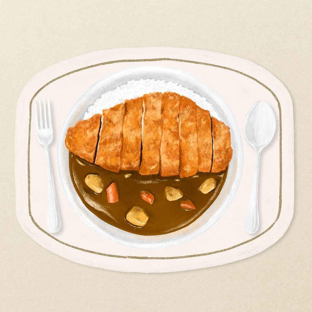 Japanese curry with pork cutlets food illustration, editable design