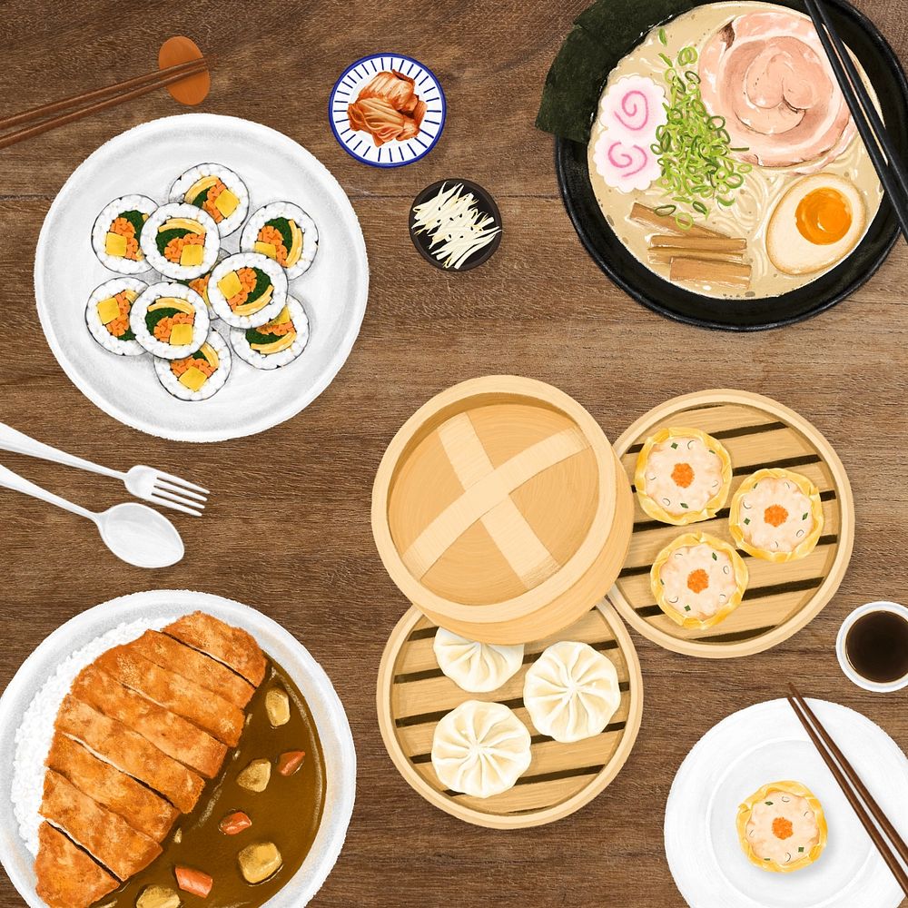 Asian cuisine background, food illustration, editable design