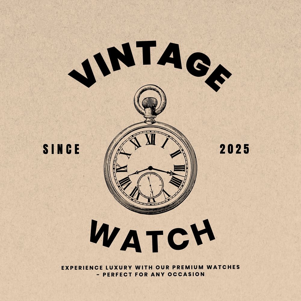 Vintage watch beige logo template, editable design