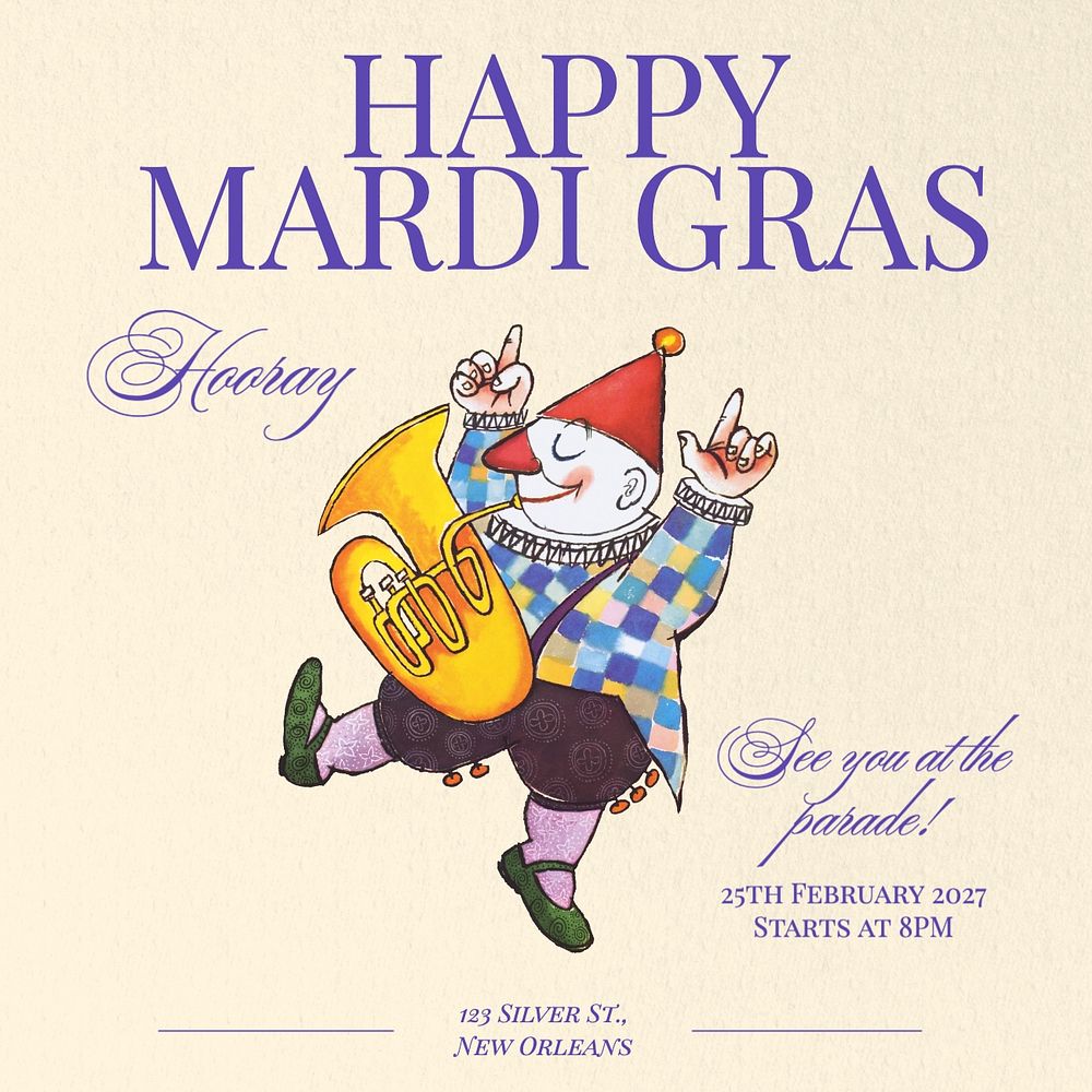 Mardi Gras parade Facebook post template, editable design