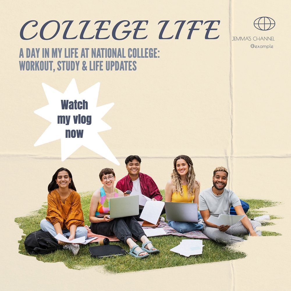 College life vlog Instagram post template, editable text