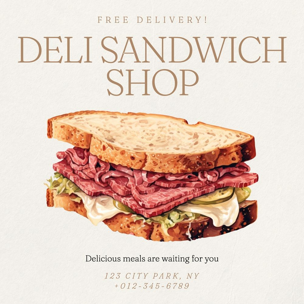 Deli sandwich shop Instagram post template, editable text