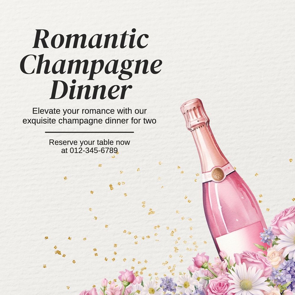 Romantic Champagne dinner Instagram post template, editable text