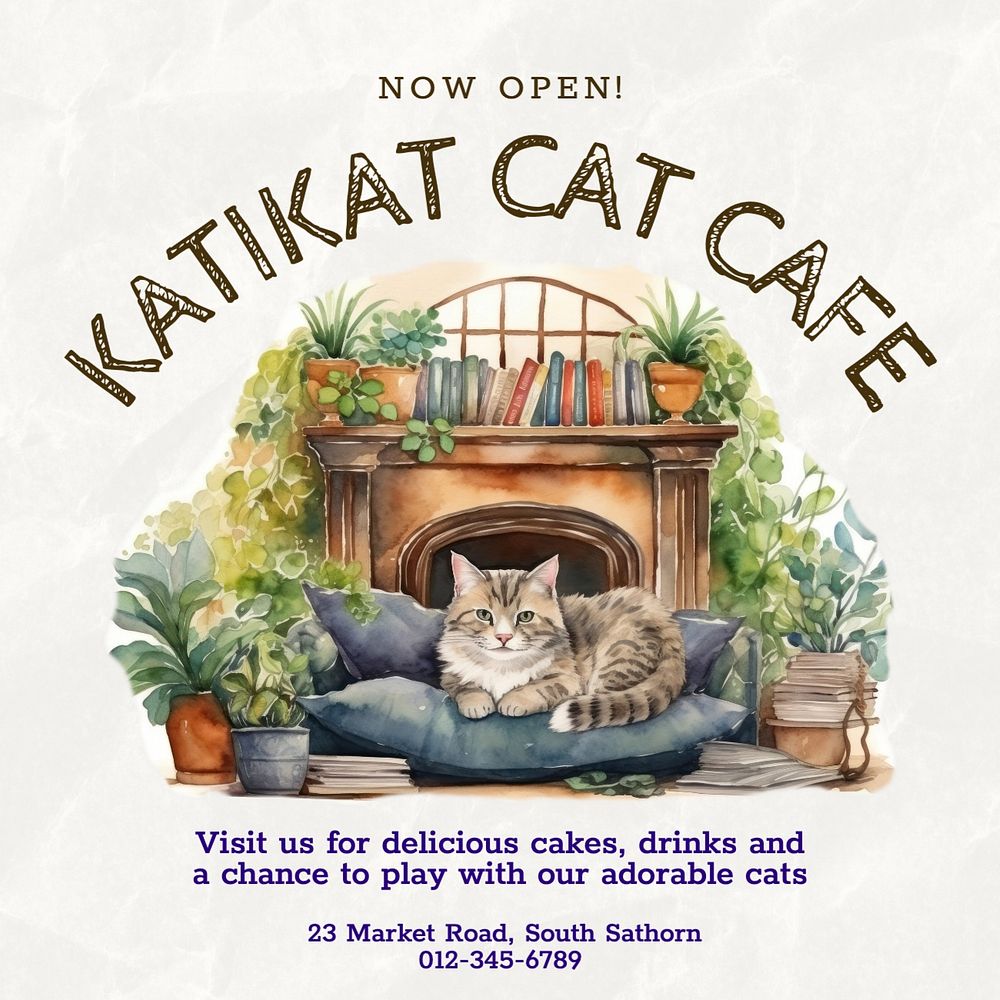 Cat cafe Instagram post template, editable text