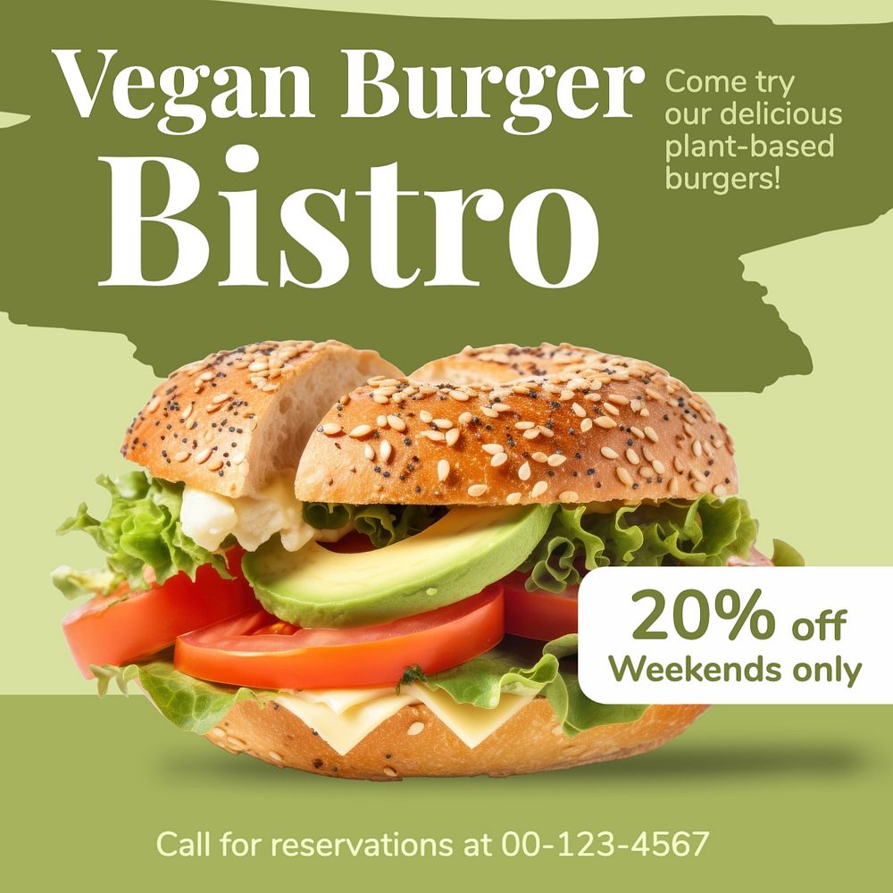 Vegan burger bistro Instagram post template, editable text