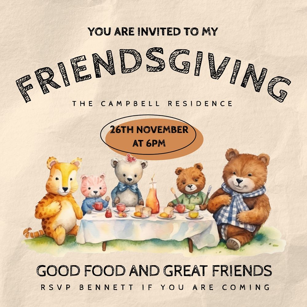 Friendsgiving party Instagram post template, editable text